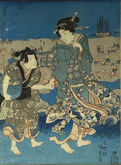 Utagawa Kunisada (1786-1865): 
Triptyque oban tate-e, jeunes femmes se promenant...