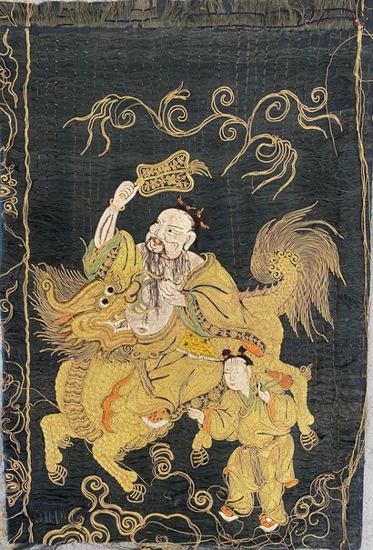  CHINA 
Set of three embroideries on black background and golden threads representing...