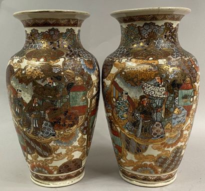  JAPAN, SATSUMA 
Pair of earthenware baluster vases decorated with scholars and children...