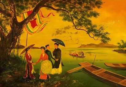  VIETNAM, XXe 
Panneau en bois laqué à décor de femmes aux ombrelles près des berges....