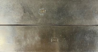  CHINE, XXe siècle 
Paire de deux plaques en métal argenté ciselées lisses et rectangulaires,...