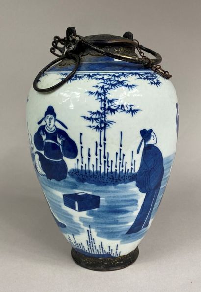  VIETNAM 
Blue and white porcelain ovoid vase decorated with characters playing in...
