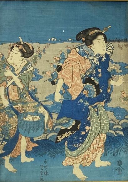 Utagawa Kunisada (1786-1865): 
Triptyque oban tate-e, jeunes femmes se promenant...