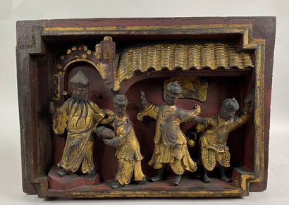  CHINA, 
Carved gilded lacquered wood panel representing the return of the soldiers...