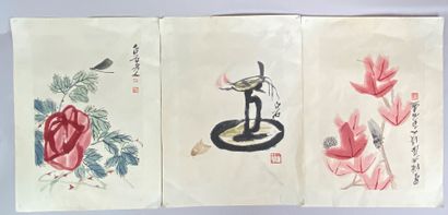  CHINESE SCHOOL, 20th century 
Set of four prints on paper representing flowering...