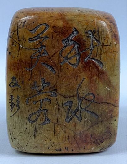  CHINE, XXe siècle 
Sceau en pierre dure à décor d'idéogramme 
H : 9 cm