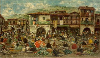  Francisco PRADILLA (1848-1921) 
Scène de marché en Espagne 
Huile sur toile, signée...