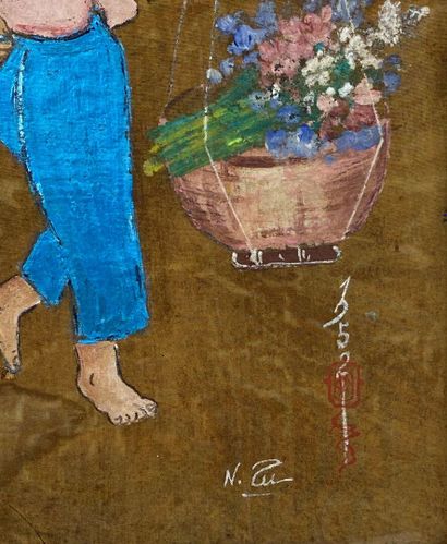 VIETNAM, XXe siècle 
Paire de peintures sur soie représentant deux paysans portant...