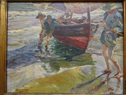 Dans le goût de Joaquín SOROLLA Y BASTIDA Le tirage à terre ou l'Atterrage 
Huile... Gazette Drouot