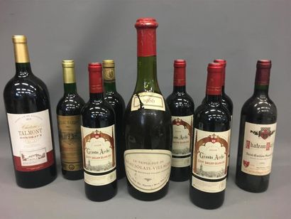 null Sept bouteilles de Bordeaux, un magnum, et un triple pot de Beaujolais 