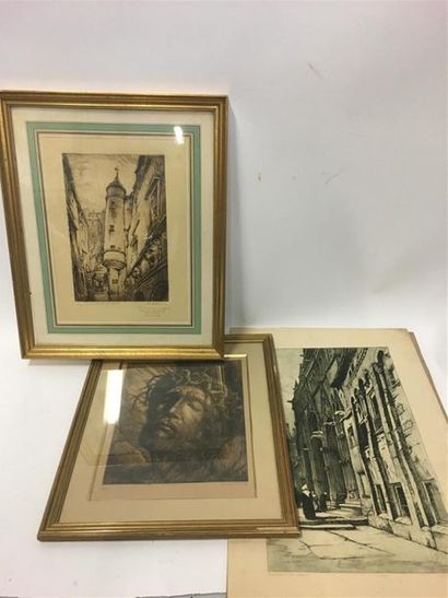 null Trois lithographies de Luc Barbier 
Christ couronné et Montée du CHange (encadrées)
Parvis...