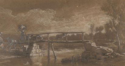 null Jean Antoine DUCLAUX (1783- 1868) 
Paysage avec pont animé
Encre et lavis sur...