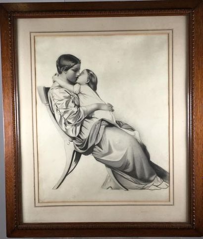 null Ecole française vers 1870 
Jeune fille embrassant sa maman 
Fusain sur papier
daté...