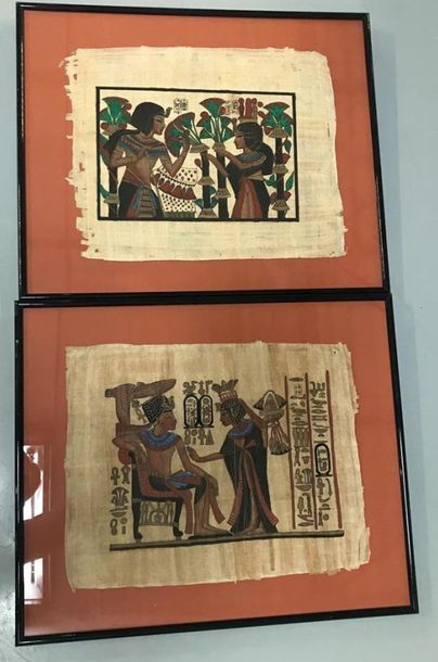 null Deux peinture sur papyrus à motif égyptiens 
époque Christian JACQUE
32 x 42...