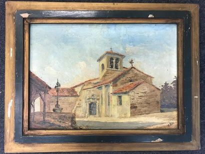 null F RIBE
Payasage avec église romane en pierre doré
Huile sur toile
signée 
33...