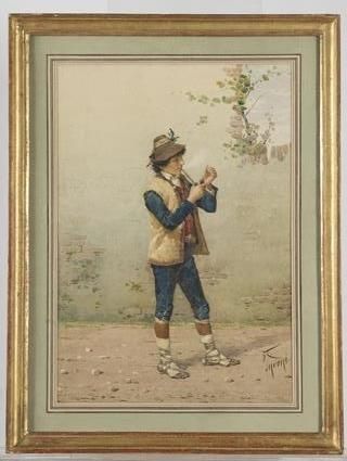 null Filippo INDONI (1842-1908)
Jeune savoyard à la pipe
Aquarelle sur papier
Signée...