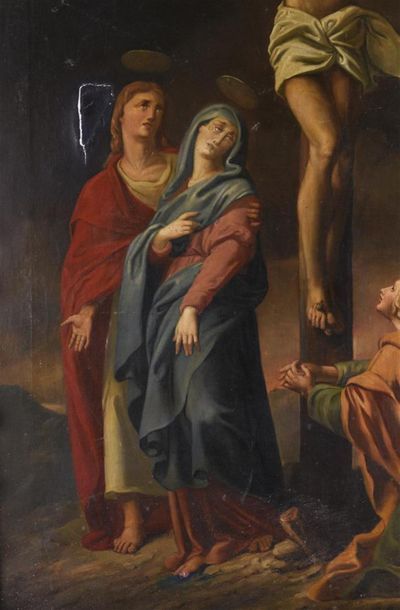 null Ecole italienne 19ème siècle
Crucifixion 
Huile sur toile
cadre en stuc doré...