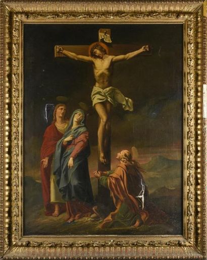 null Ecole italienne 19ème siècle
Crucifixion 
Huile sur toile
cadre en stuc doré...