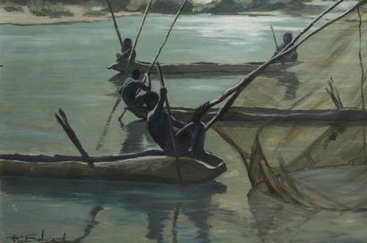 null Robert BELGRAND Ecole française 20ème siècle
Pêche sur un lac OUBANGUI CHARI...