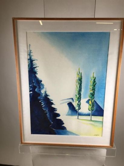 null James BAYLE, 
paysage de montagne
Gouache sur canson, signée
53 x 39 cm