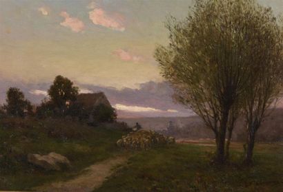 null Jean Ferdinand CHAIGNEAU (1830-1906)
Rentrée du troupeau au soleil couchant
huile...