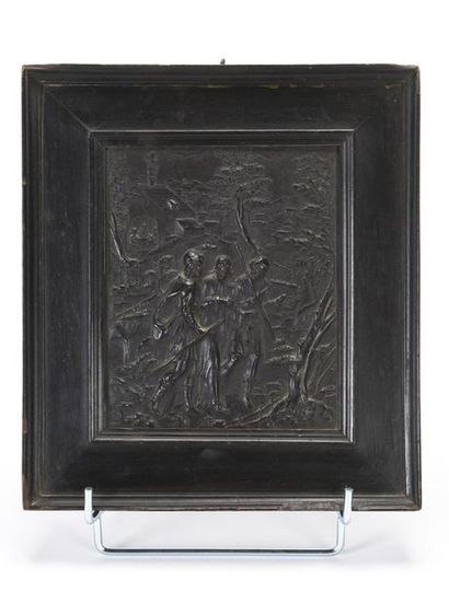 null Ecole flamande 15ème siècle
le Christ plaque en bronze patiné, cadre en bois...