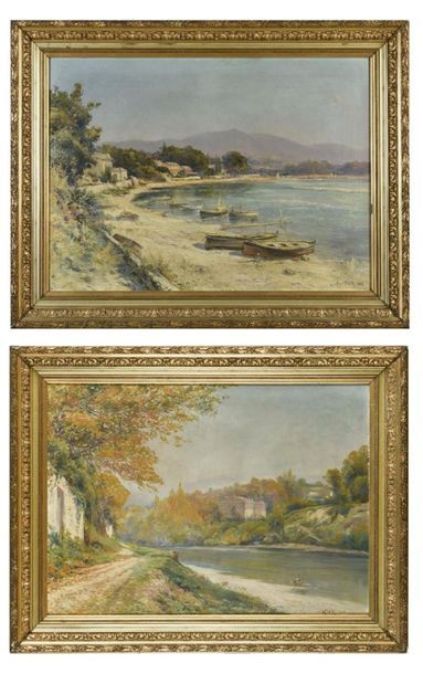 null Jules IZIER (19ème, 20ème siècle)
Paire de paysage : Marine et bord de rivière
Huiles...