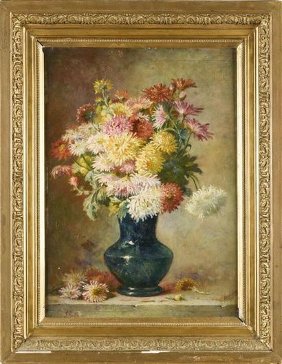 null F GUILLAUME
Bouquet de dalhias
Huile sur panneau de bois, signée 
56 x 39 c...