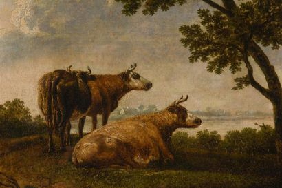 null Attribué à Paulus POTTER (1625 - 1654)
Trois vaches devant un lac
Huile sur...