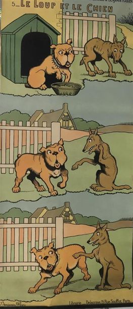 null Benjamin RABIER le loup et le chien, les fables de la Fontaine affichette lithographiée...