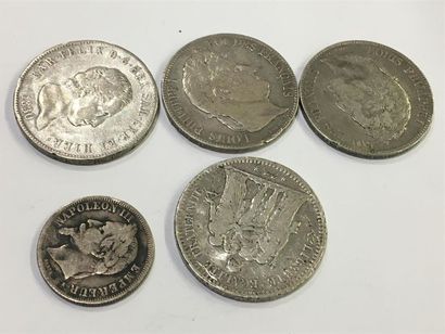 null Deux pièces de 5 francs argent Louis Philippe, 1833.
Pièce de 5 lires en argent...