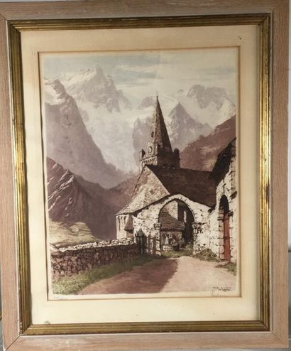 null Joanny DREVET (1889-1969)
Porche de l'église de la Grave 
Aquatinte Signé en...