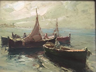 null Richard DURANDO TOGO (1910-?)
Les barques de pêche 
Huile sur panneau
Signée...