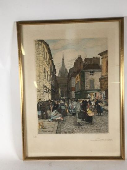 null Jean LEFORT, 
Scène de marché
gravure couleur, n°212/220, 
28 x 37 cm 