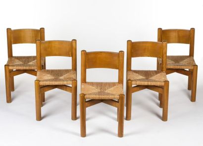 null Charlotte PERRIAND (1903-1999)
Suite de cinq chaises modèle Méribel à montants...