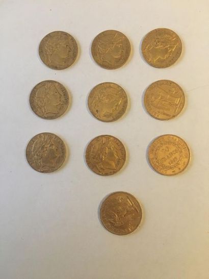 null Lot de 10 pièces 20 francs or dont 7 Minerve et 3 Génie