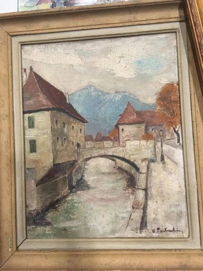 null Lot de tableaux comprenant
Paysage de montagne aquarelle 25 x 35 cm
Vue de village...