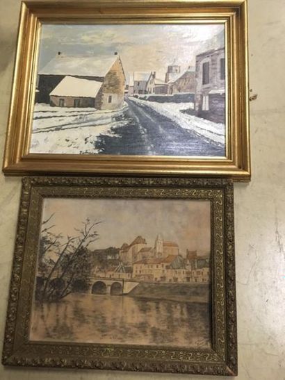 null Lot de tableaux comprenant
Paysage sous la neige, 44 x 59 cm 
Paysage au Pont,...