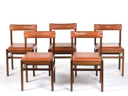 null André SORNAY (1902-2000)
Suite de cinq chaises à structure en acajou massif...