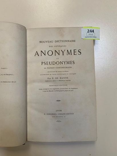 null MANNE nouveau dictionnaire des ouvrages anonymes. Lyon 1862. Demi-maroquin à...