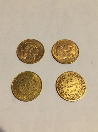 null 4 pièces or 20 francs dont deux coq, une Louis Philippe et une Louis XVIII