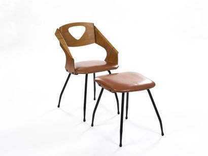 null Carlo RATTI (1890-1960)
Chaise et son repose -pieds en placage de teck courbé...