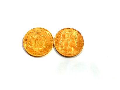 null Deux pièces en or de 20F : Une Napoléon III Empereur tête laurée 1862 et une...