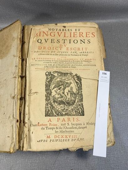 null Maynard. Notables et singulières du droit écrit. 1 volume in-folio, Paris, 1628....