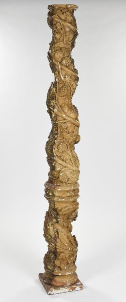 null Colonne de type salomonique en bois doré et sculpté de pampres et feuilles de...