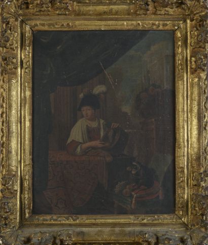 null Ecole française du XVIIIème 

Vanité avec jeune femme et singe, 

cadre en bois...