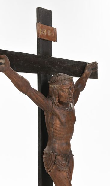 null Déploration du Christ, groupe en bois sculpté en ronde bosse figurant Marie...