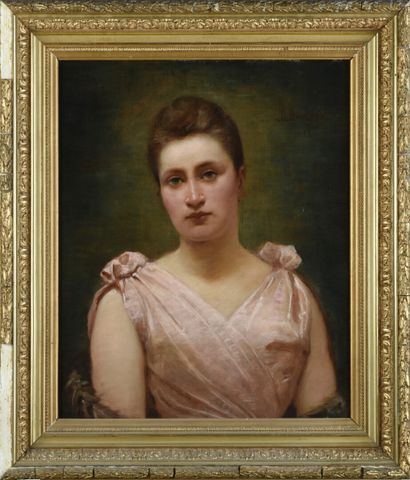 null J BOURGELIN (fin XIXeme)

Portrait de jeune fille à la robe de soie rose 

Huile...