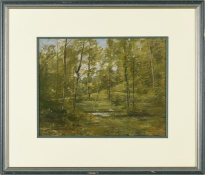 null Jean-Marie REIGNIER (1815-1886) 

Paysage de forêt 

Huile sur panneau

Signée...