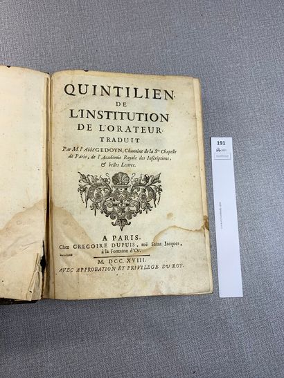 null Quintilien. De l'institution de l'Orateur. 1 volume in-4. Paris, 1718. (Mou...
